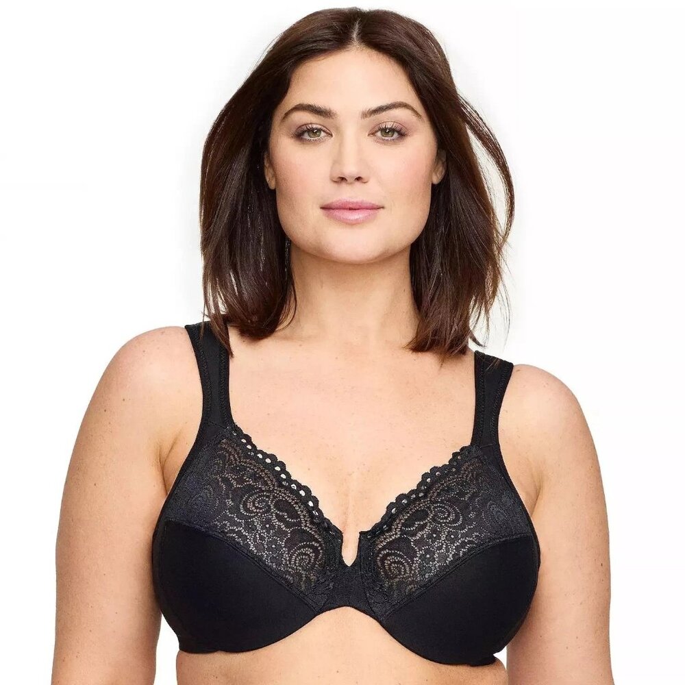 Glamorise Full-Figure Wonderwire Back Close Lace Bra 1240 Black 36G NWT